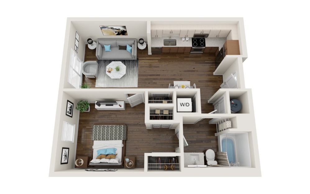 A1 - 1 bedroom floorplan layout with 1 bath and 642 square feet.