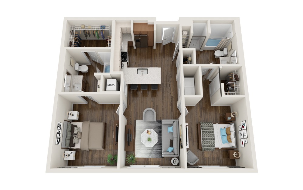 B1 - 2 bedroom floorplan layout with 2 baths and 1053 square feet.