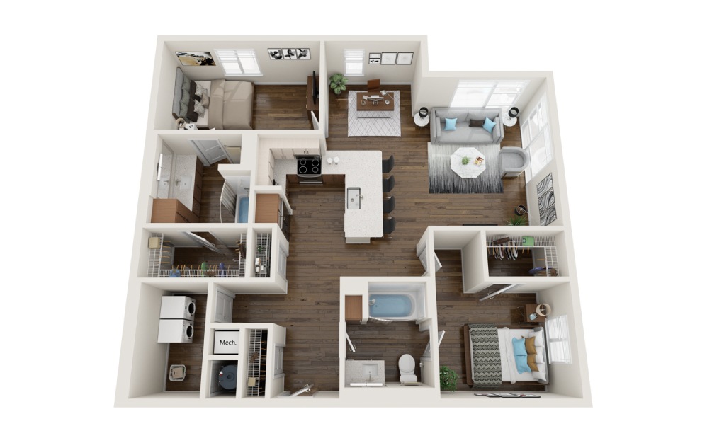 B4 - 2 bedroom floorplan layout with 2 baths and 1208 square feet.