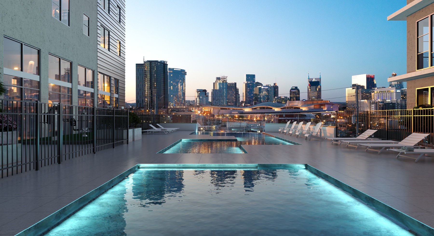 Pools leading down property with city views